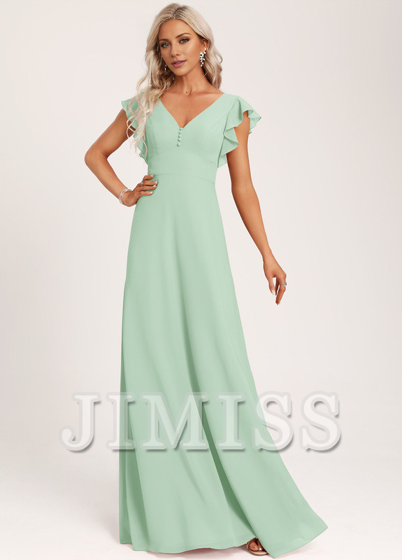 Vestido de dama de honor de gasa con volantes, escote en V y largo hasta el suelo