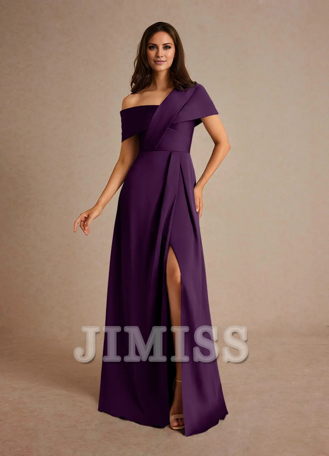 Dark Navy Crepe A-Line Off-the-Shoulder Floor-Length Bridesmaid Dress