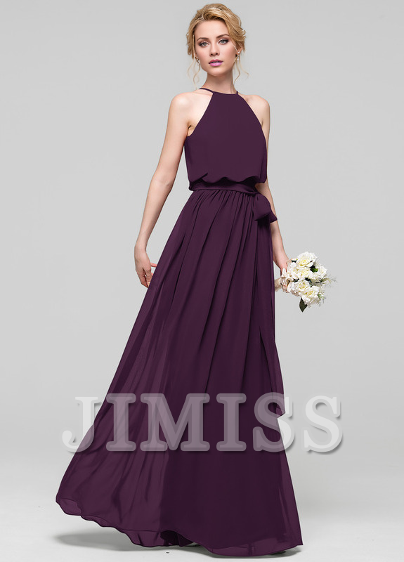 Vestido de dama de honor de gasa con escote redondo bajo y corte en A, lazo hasta el suelo