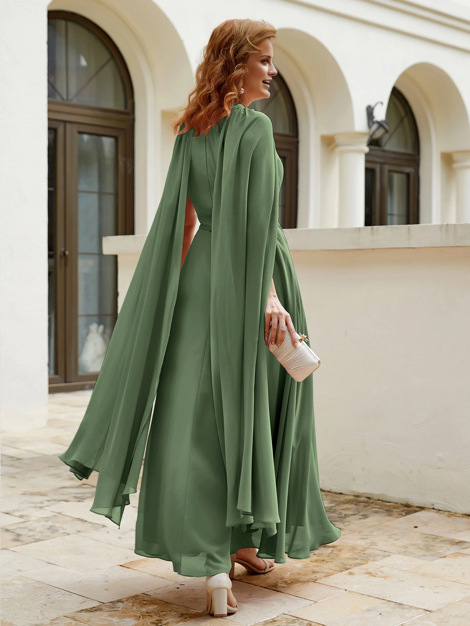Olive Green Chiffon A-Line Bridesmaid Dress with High Neck & Integrated Cape