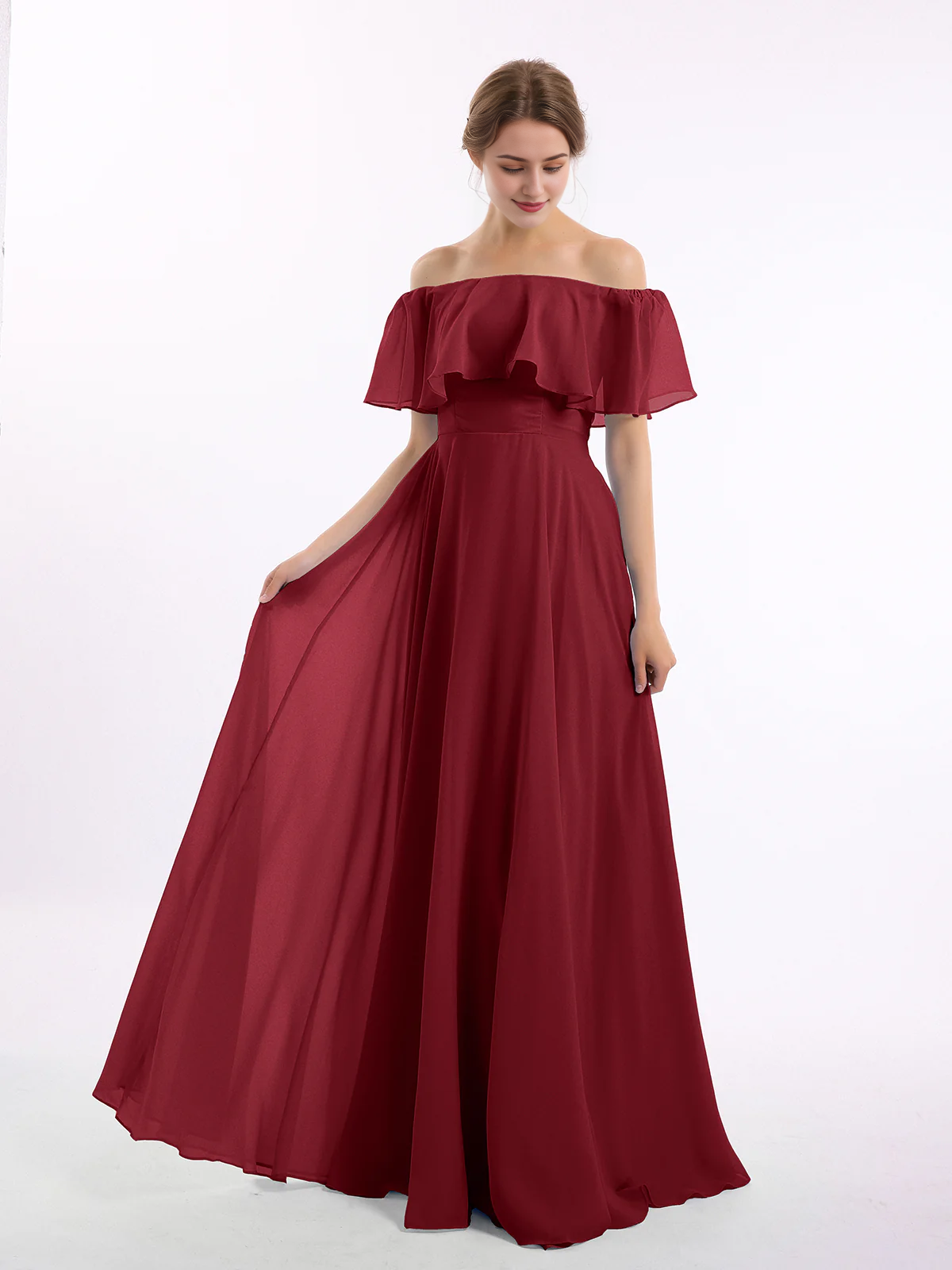 Sage Green Chiffon A-Line Off-the-Shoulder Floor-Length Bridesmaid Dress