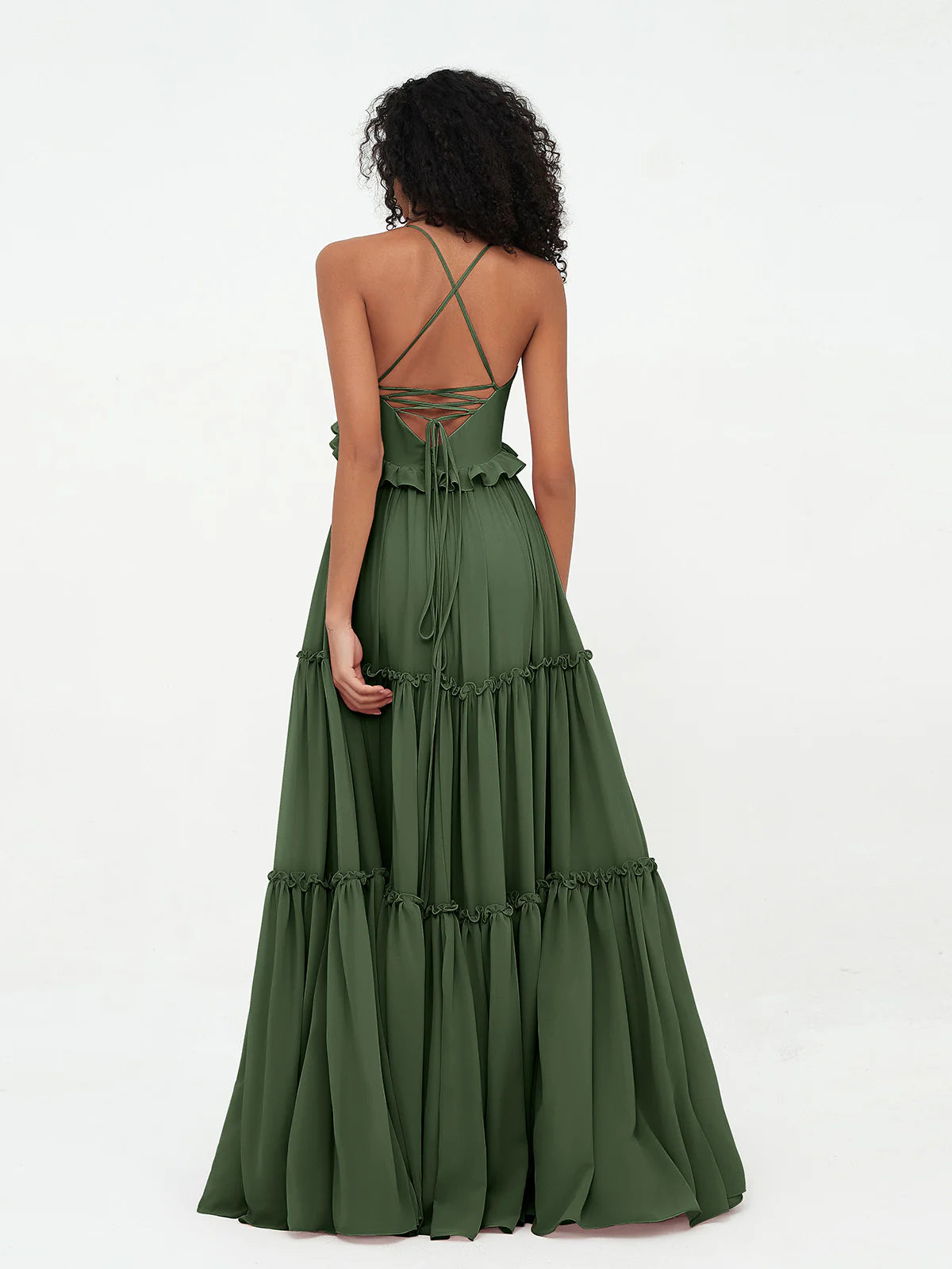 Sage Green Chiffon Tiered Floor-Length Dress with V-Neck and Ruffle Trim
