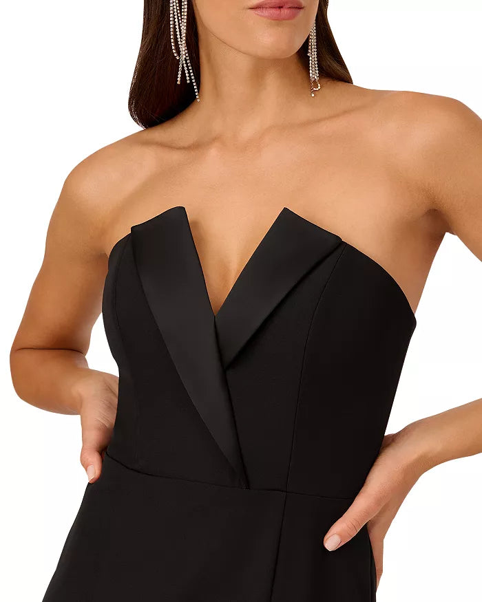 Vestido de fiesta largo negro con escote en V, sin tirantes ni espalda descubierta