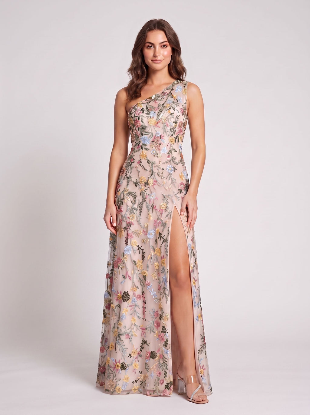Ivory Floral Embroidered Mesh A-Line One Shoulder Floor Length Dress