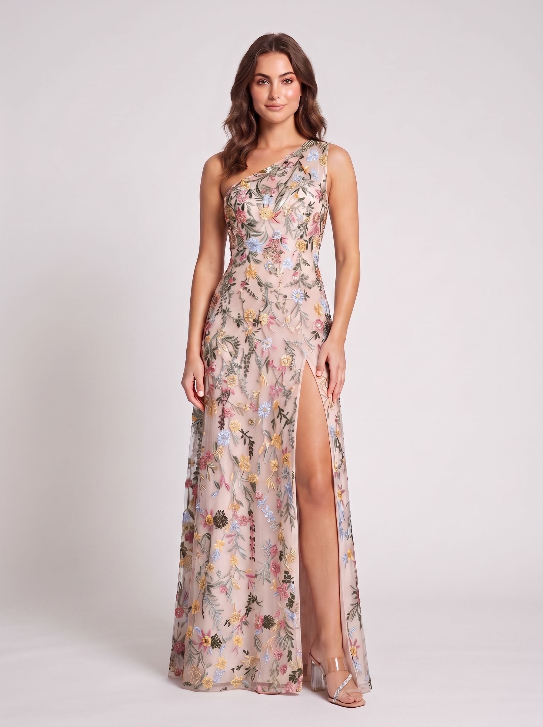Ivory Floral Embroidered Mesh A-Line One Shoulder Floor Length Dress