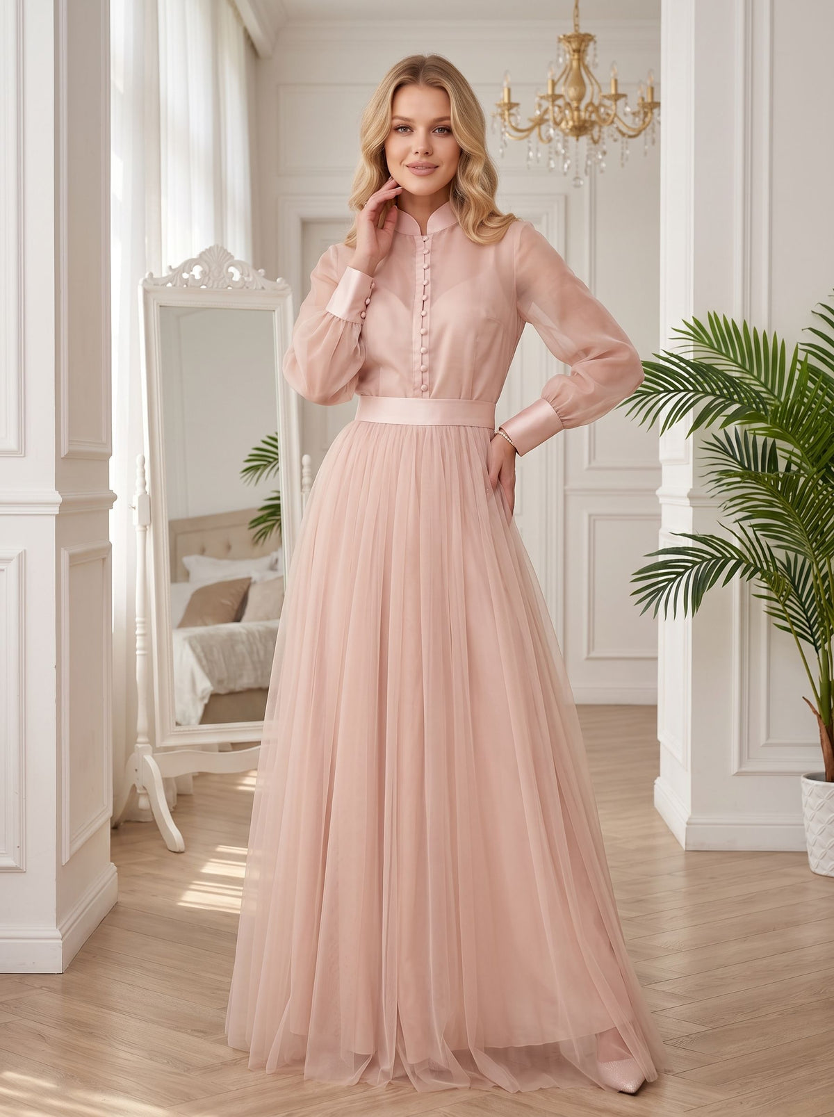 Blushing Pink Chiffon Tulle A-Line Floor-Length Dress with High Neck & Voluminous Sleeves