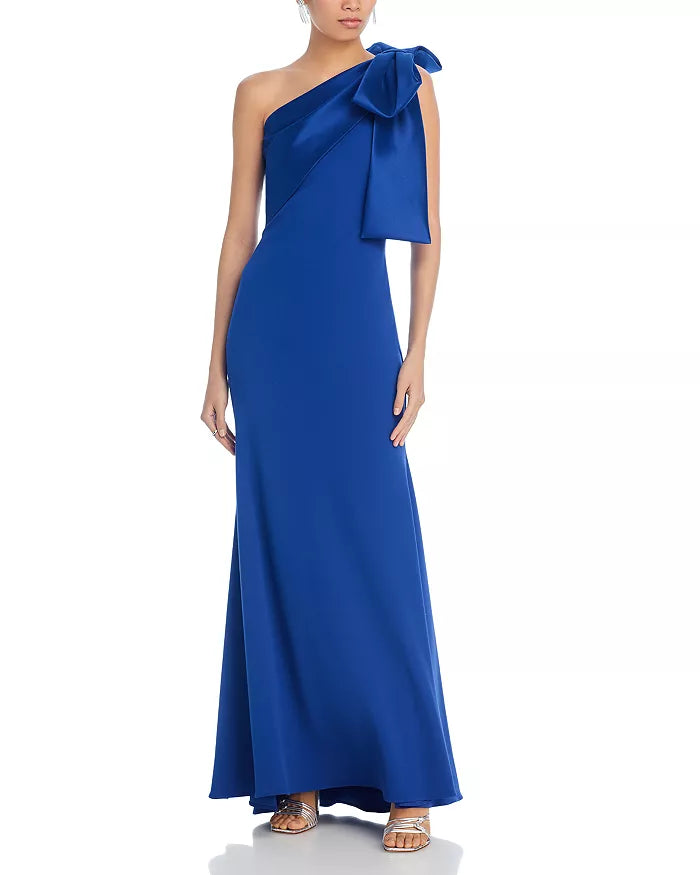 One shoulder satin sleeveless off shoulder bow and floor length evening dress