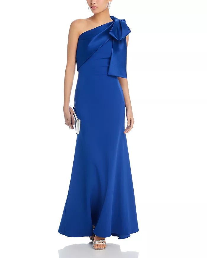 Royal Blue Crepe A-Line One Shoulder Floor-Length Dress with Large Bow