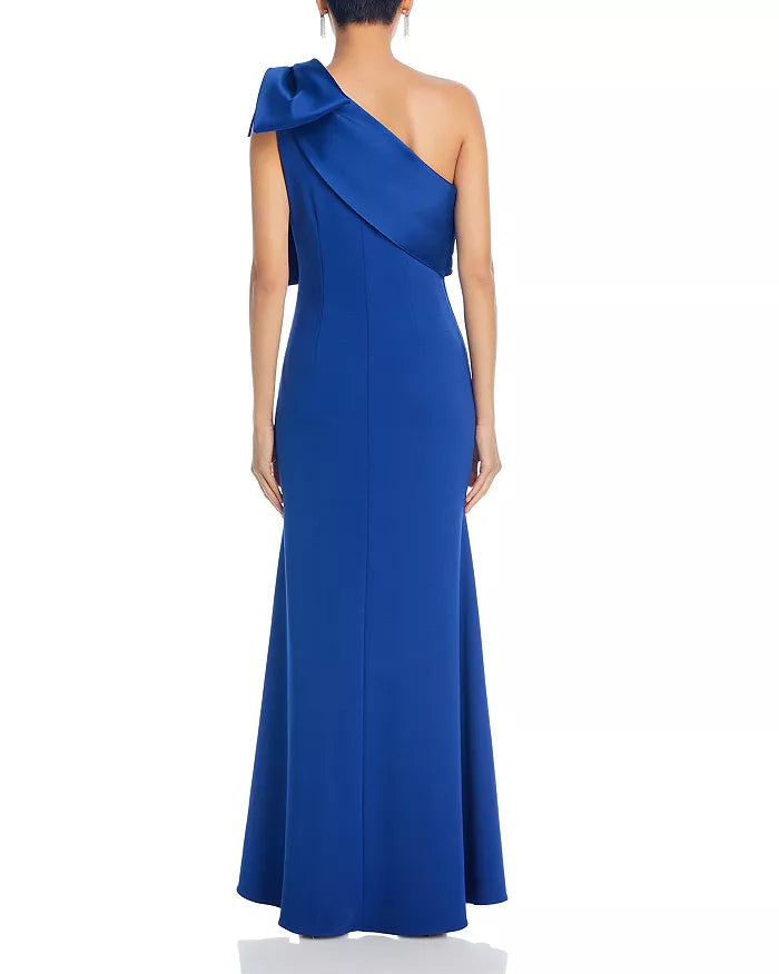 One shoulder satin sleeveless off shoulder bow and floor length evening dress