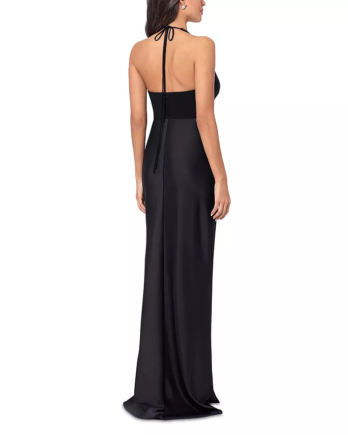 Black Satin Halter Neck Floor-Length Sheath Dress with Draped Waist