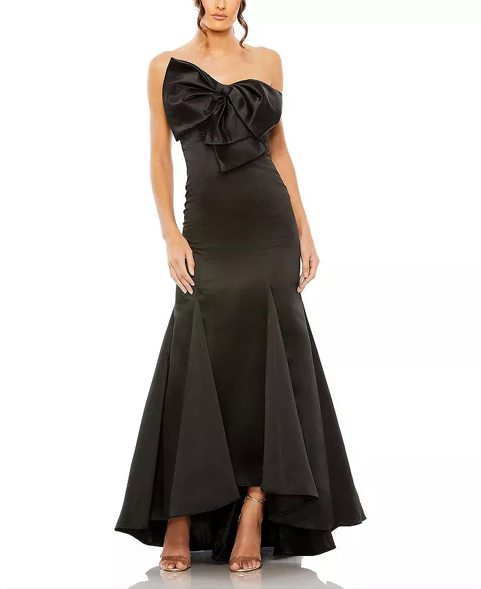 Elegante vestido de noche con lazo, sin tirantes, cola de pez y largo hasta el suelo