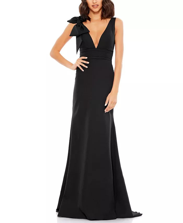 Vestido de noche largo de cola de pez con detalle de lazo y escote en V sin mangas