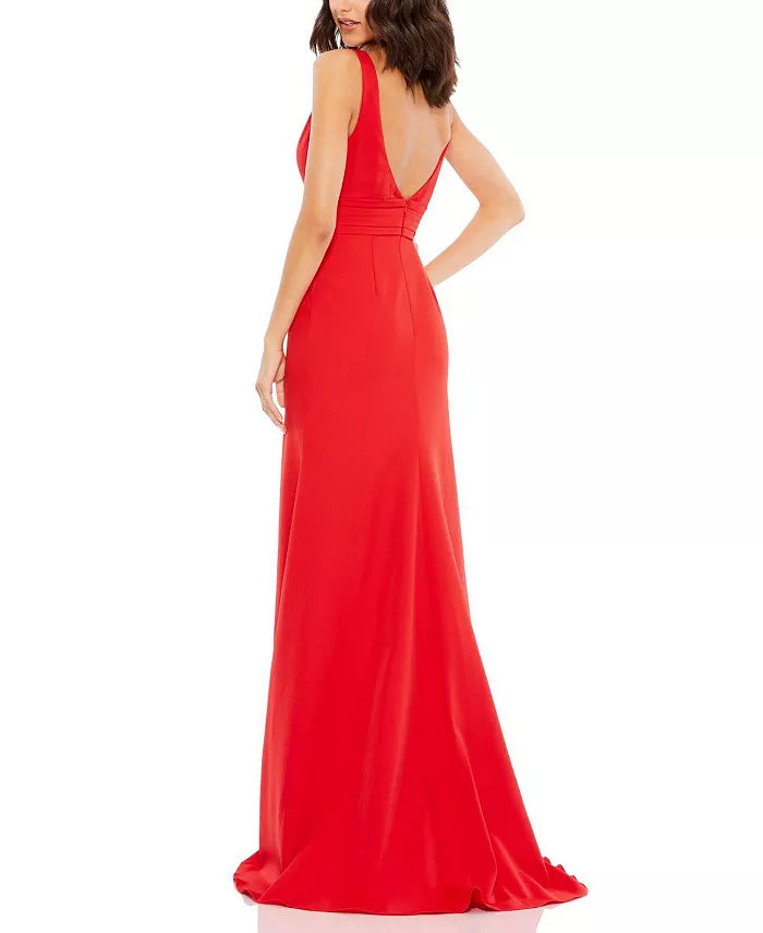 Vestido de noche largo de cola de pez con detalle de lazo y escote en V sin mangas