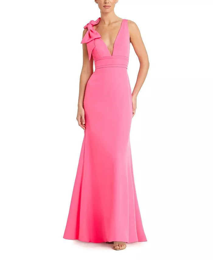 Vestido de noche largo de cola de pez con detalle de lazo y escote en V sin mangas