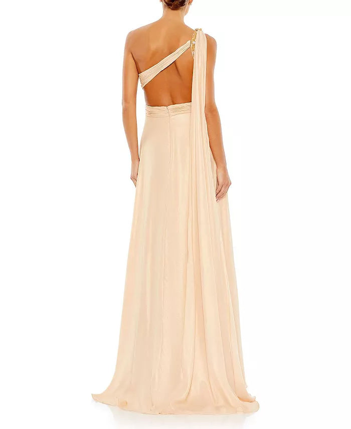 Elegante vestido de noche con hombros descubiertos, un hombro sin espalda y largo hasta el suelo