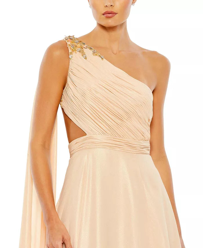 Elegante vestido de noche con hombros descubiertos, un hombro sin espalda y largo hasta el suelo