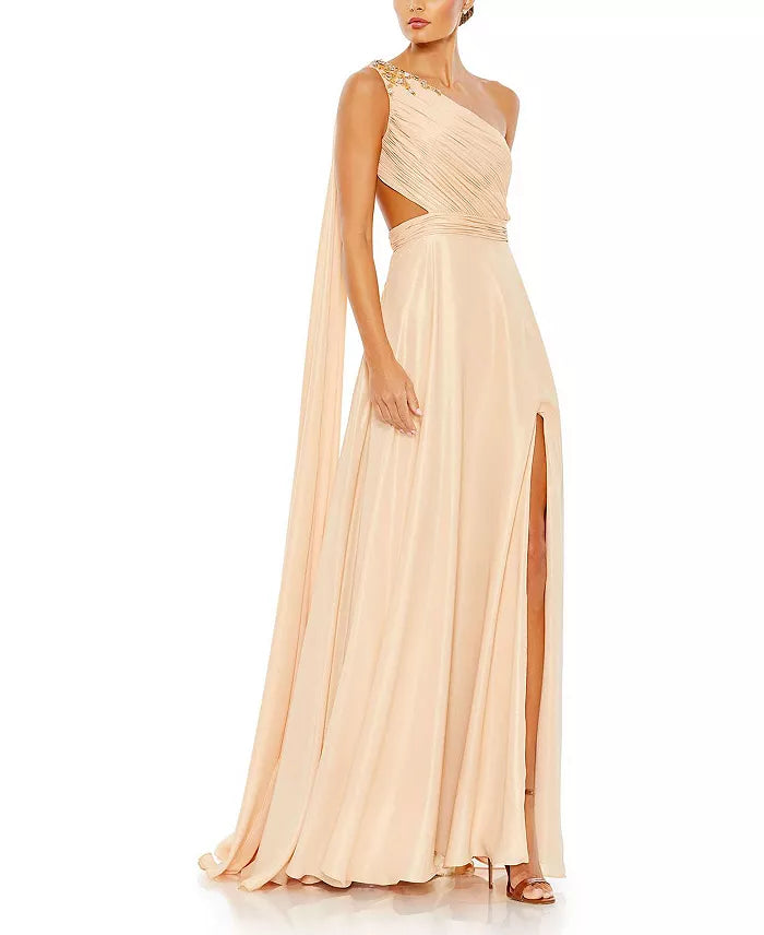 Elegante vestido de noche con hombros descubiertos, un hombro sin espalda y largo hasta el suelo