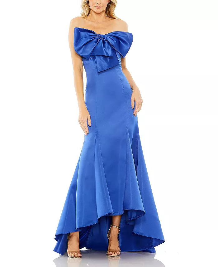 Elegante vestido de noche con lazo, sin tirantes, cola de pez y largo hasta el suelo