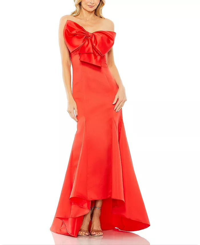 Elegante vestido de noche con lazo, sin tirantes, cola de pez y largo hasta el suelo