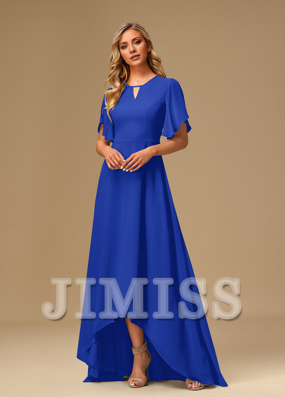 Vestido de dama de honor asimétrico de gasa con escote barco y volantes en forma de A