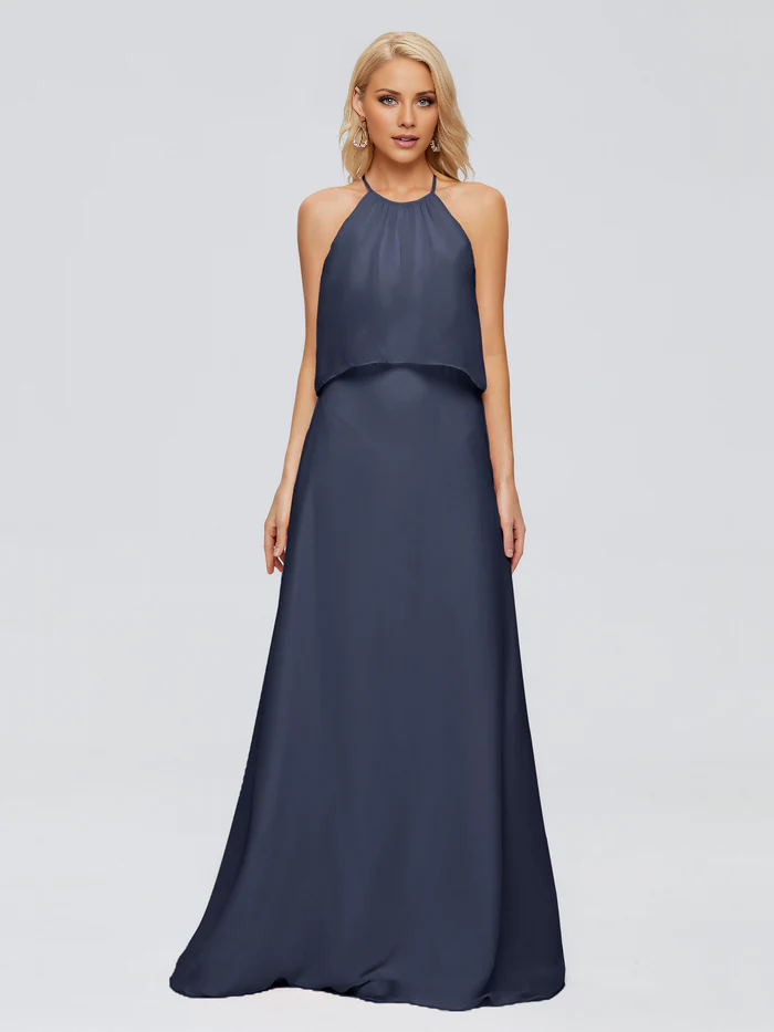 Vestido de dama de honor largo hasta el suelo en gasa con escote halter