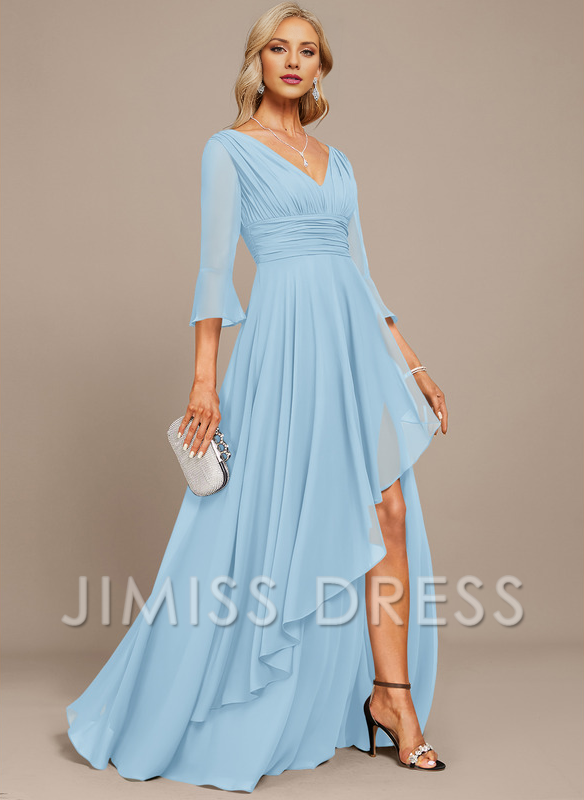 Stormy Chiffon A-Line Asymmetrical Bridesmaid Dress with V-Neck and Pleated Bodice