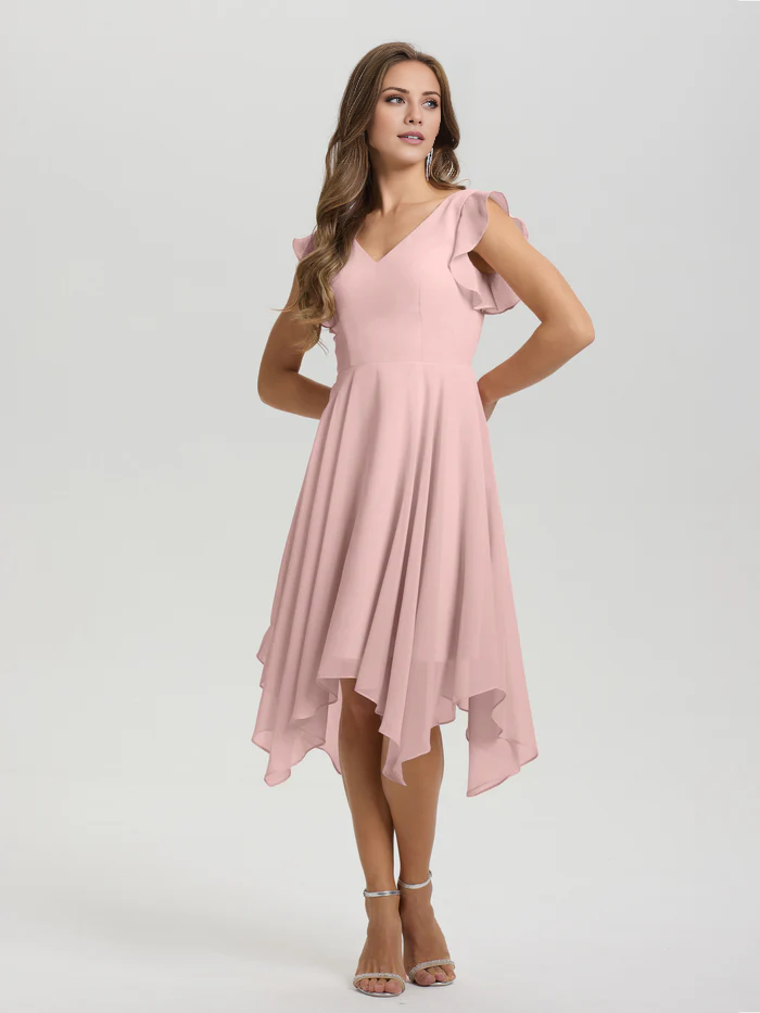 Lotus leaf edge sleeve V-neck asymmetrical tea long chiffon tea long bridesmaid dress