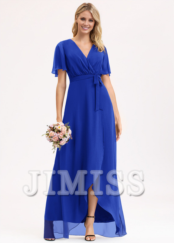 A-line V-neck asymmetric bow pleated chiffon bridesmaid dress