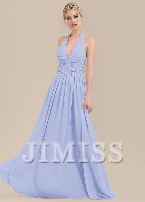 Vestido de dama de honor de gasa con volantes, corte A, cuello halter y largo hasta el suelo