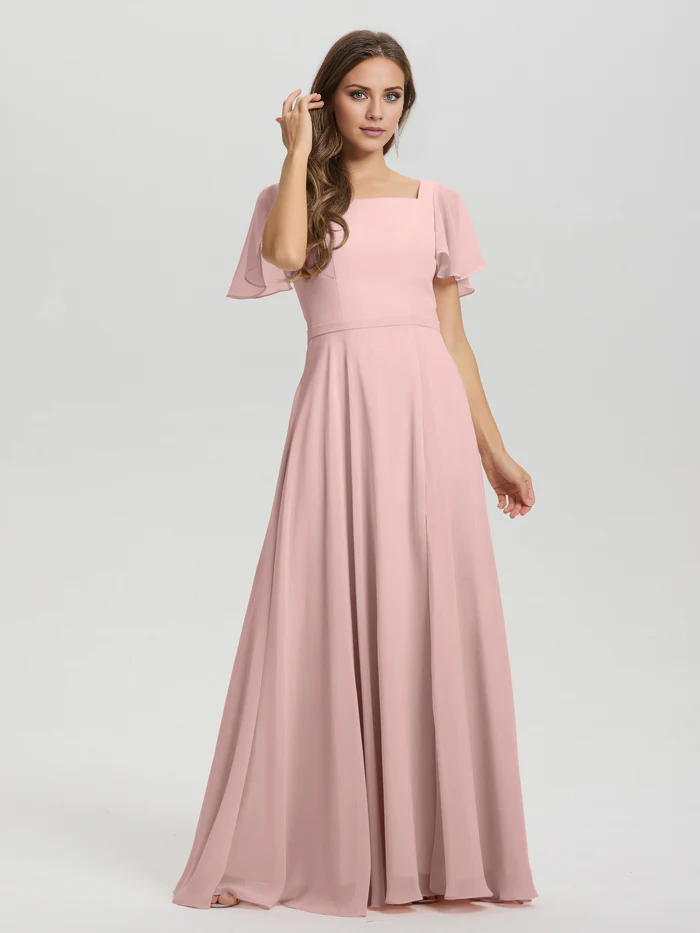 Vestido de dama de honor de gasa con cuello cuadrado, corte A, mangas cortas con volantes y largo hasta el suelo