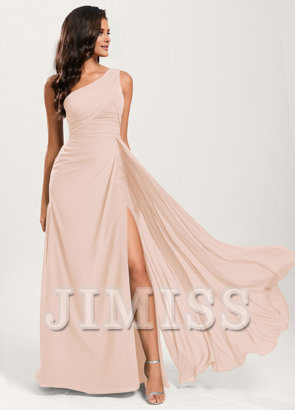 Vestido de dama de honor de gasa con volantes, corte A, un hombro al aire y largo hasta el suelo