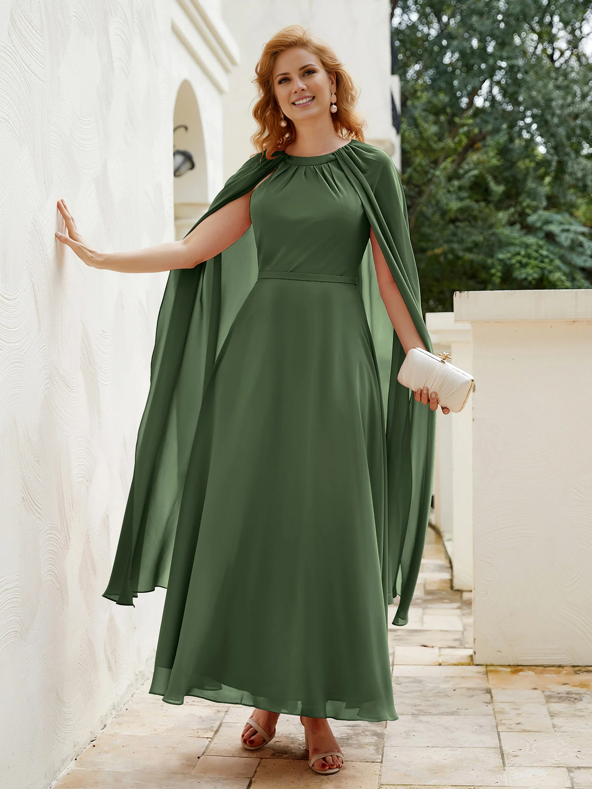 Olive Green Chiffon A-Line Bridesmaid Dress with High Neck & Integrated Cape