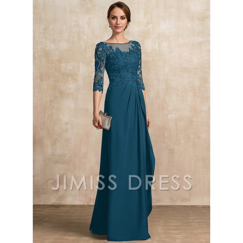 Jimiss A-shaped Scoop Illusion floor mopping chiffon lace ribbon bead sequins layered ruffles mother of the bride dress