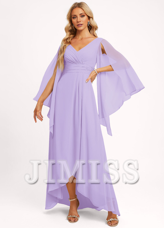 Vestido de dama de honor asimétrico de gasa con escote en V y volantes en forma de A