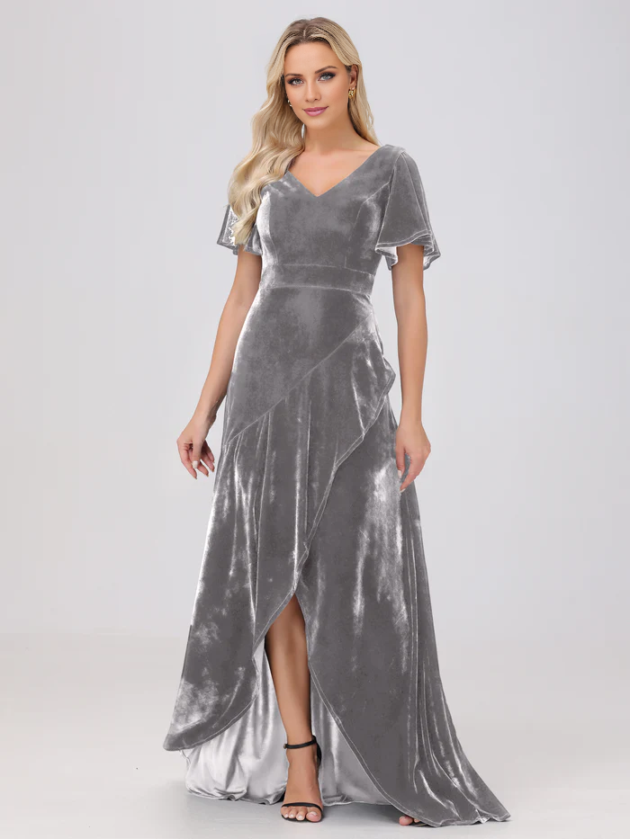 Vestido de dama de honor largo hasta el suelo, de terciopelo, con volantes y manga corta y escote en V