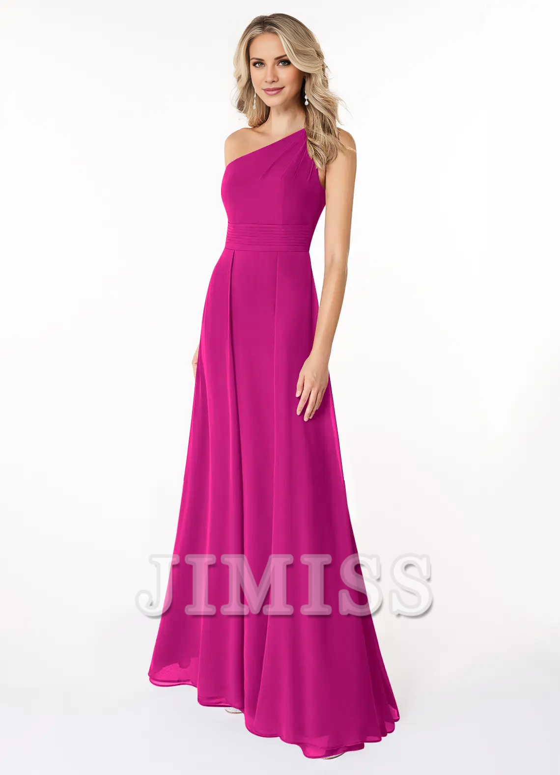 Vestido de gasa con hombros en forma de A y vestido de dama de honor largo hasta el suelo - Vestido Jimiss 