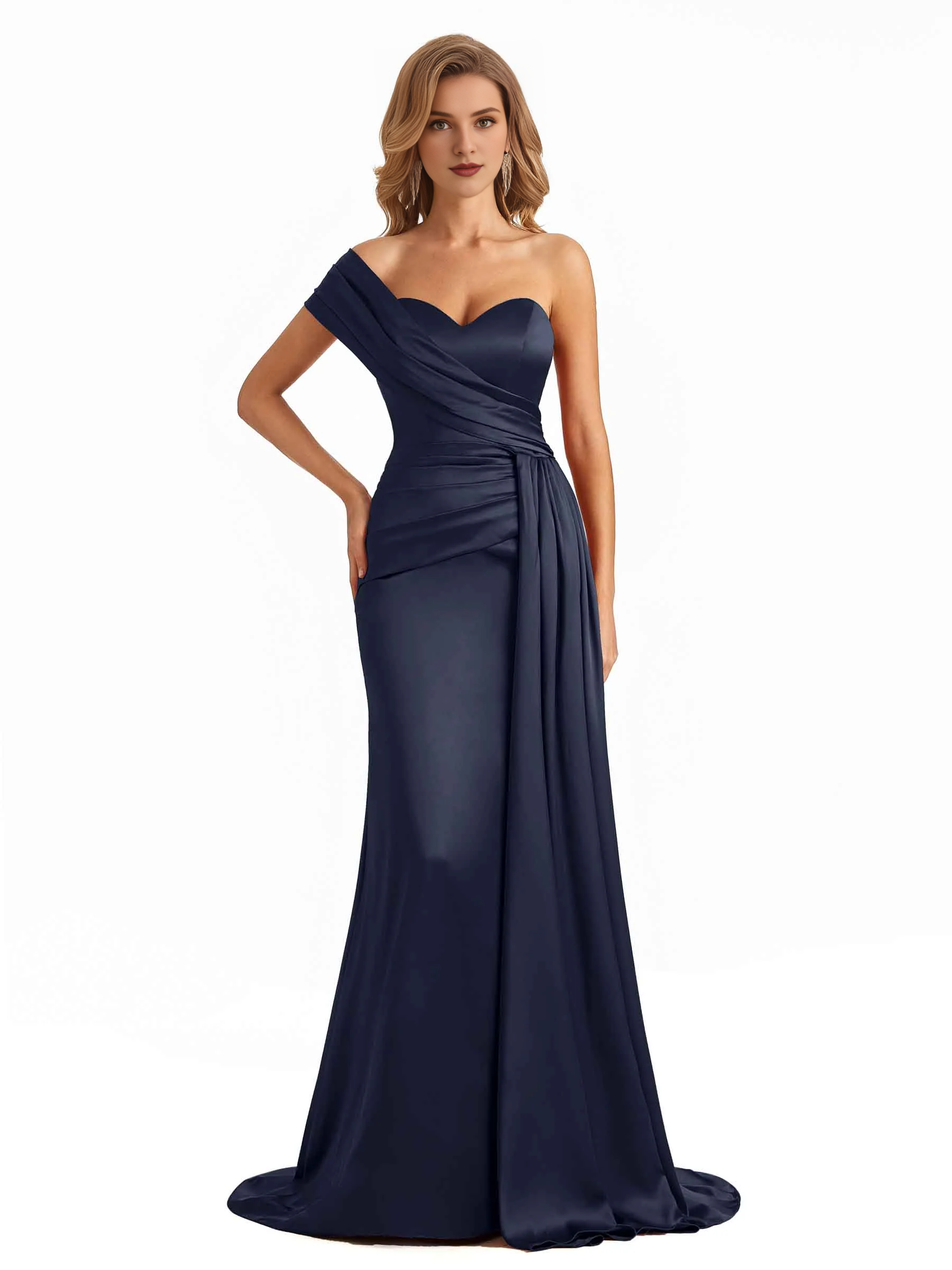 Elegant one shoulder soft satin long fish tail bridesmaid dress
