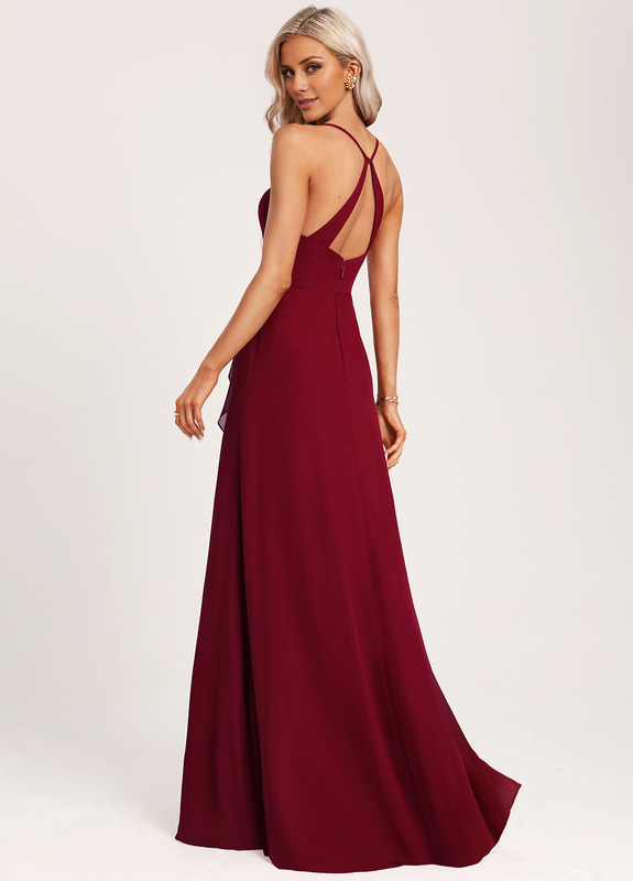 A-line V-neck and ground chiffon bridesmaid dress