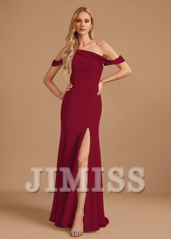 Vestido de dama de honor de gasa con corte trompeta, largo hasta el suelo, con un solo hombro y cola Mercedes