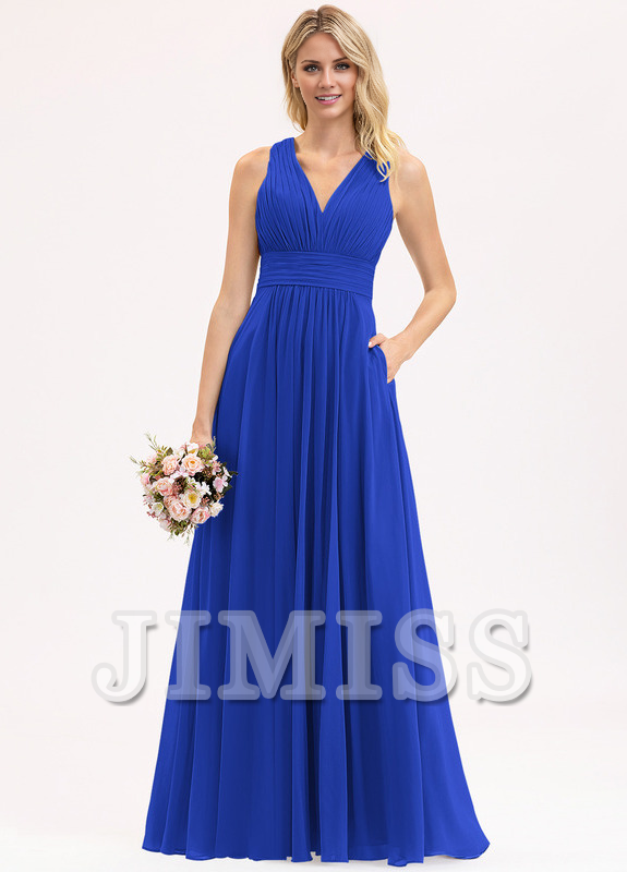 Vestido de dama de honor de gasa con escote en V, largo hasta el suelo y lazo con volantes