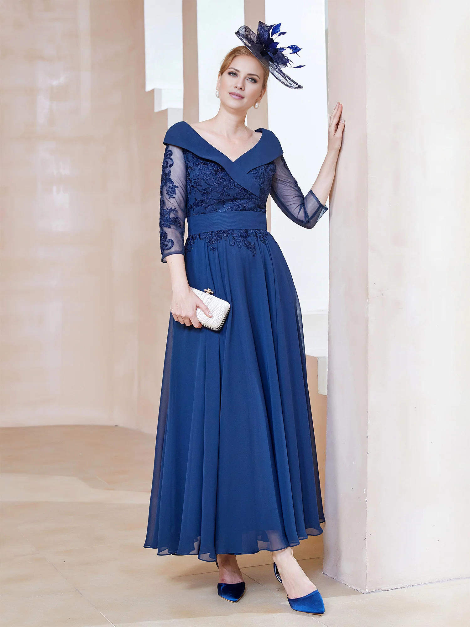 Dark Navy Chiffon A-Line Ankle-Length Off-the-Shoulder Evening Dress