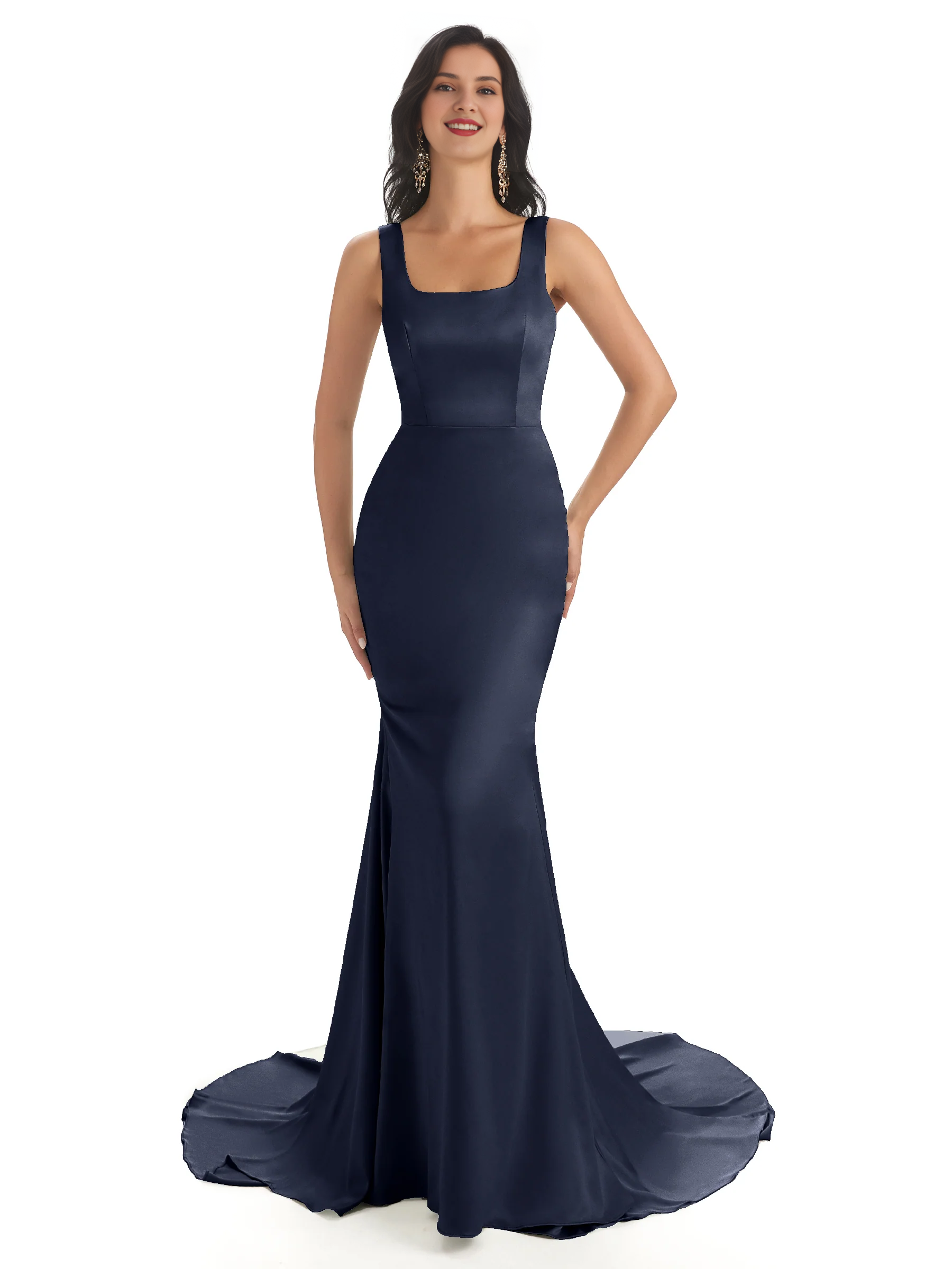 Vestido de dama de honor de satén suave, único, con escote cuadrado y cola de pez extra largo