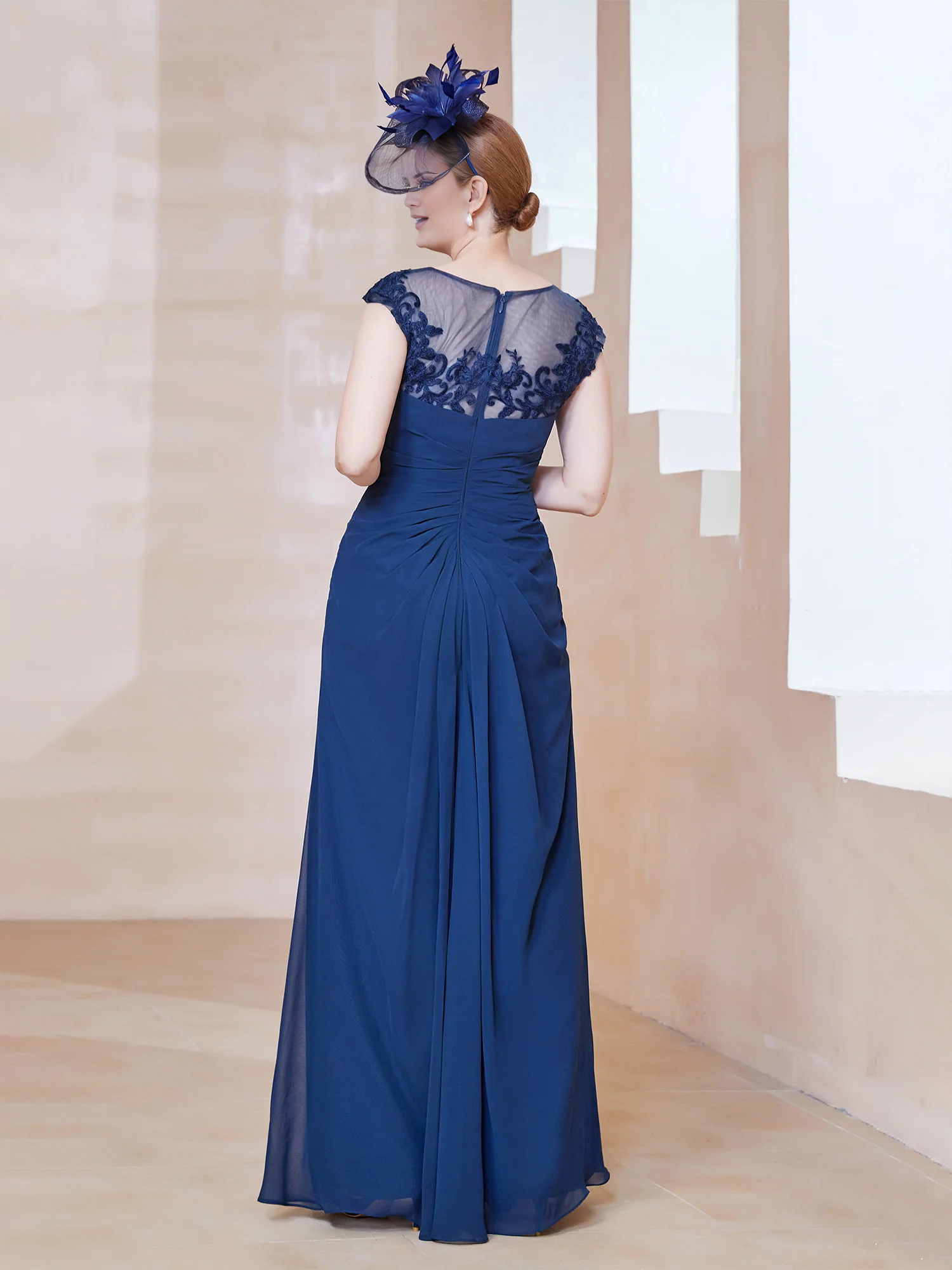 Dark Navy Chiffon A-Line Floor-Length Evening Dress with Illusion Neck and Draped Front