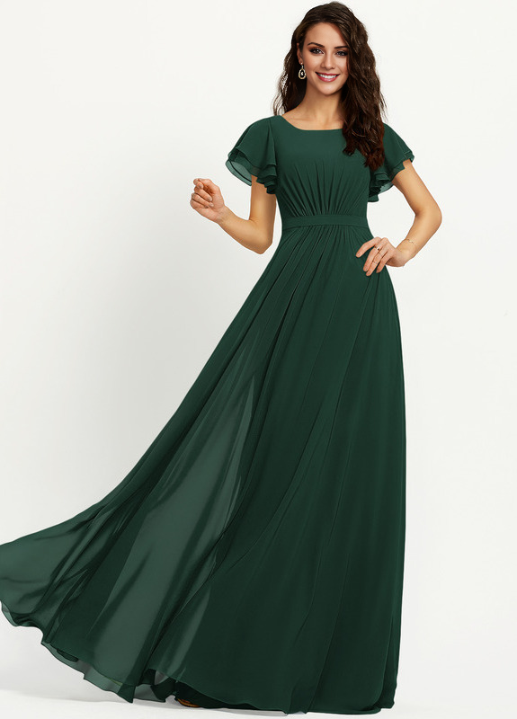 Vestido de dama de honor de gasa con escote redondo y volantes en forma de A