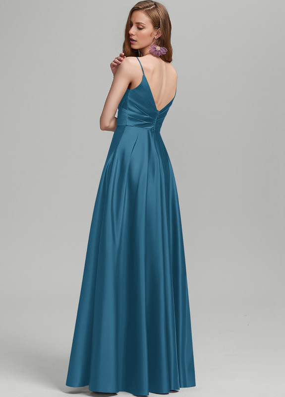Vestido de dama de honor de satén con volantes, escote en V y largo hasta el suelo