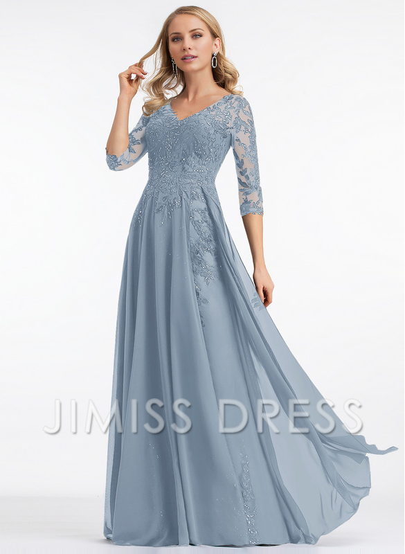 Dark Navy Lace & Chiffon A-Line Floor-Length Evening Dress with V-Neck and Sheer Sequin Sleeves