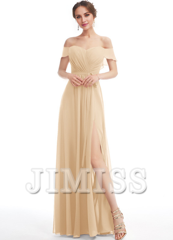 Dark Navy Chiffon A-Line Bridesmaid Dress | Sweetheart Neckline & Off-the-Shoulder Sleeves