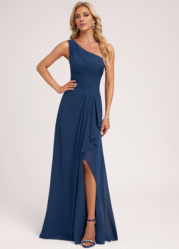 Vestido de dama de honor de gasa con volantes, corte A, un hombro al aire y largo hasta el suelo