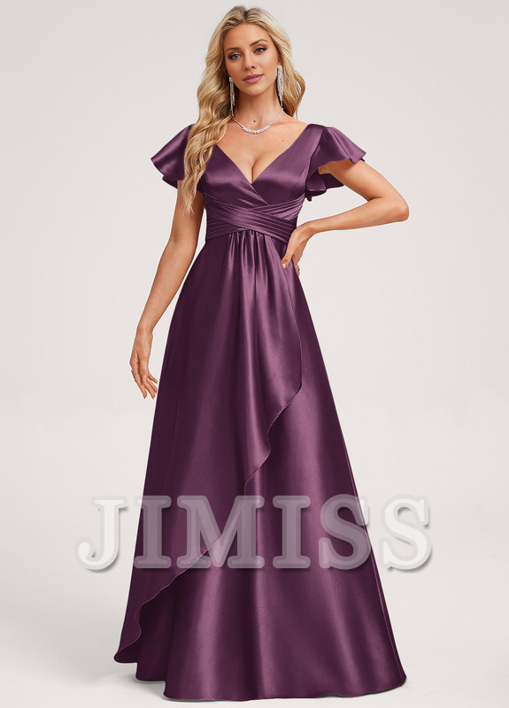 Vestido de dama de honor de satén con volantes, escote en V y largo hasta el suelo