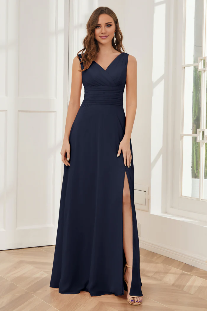 Vestido de dama de honor largo hasta el suelo, de gasa, sin mangas, con escote en V y abertura lateral